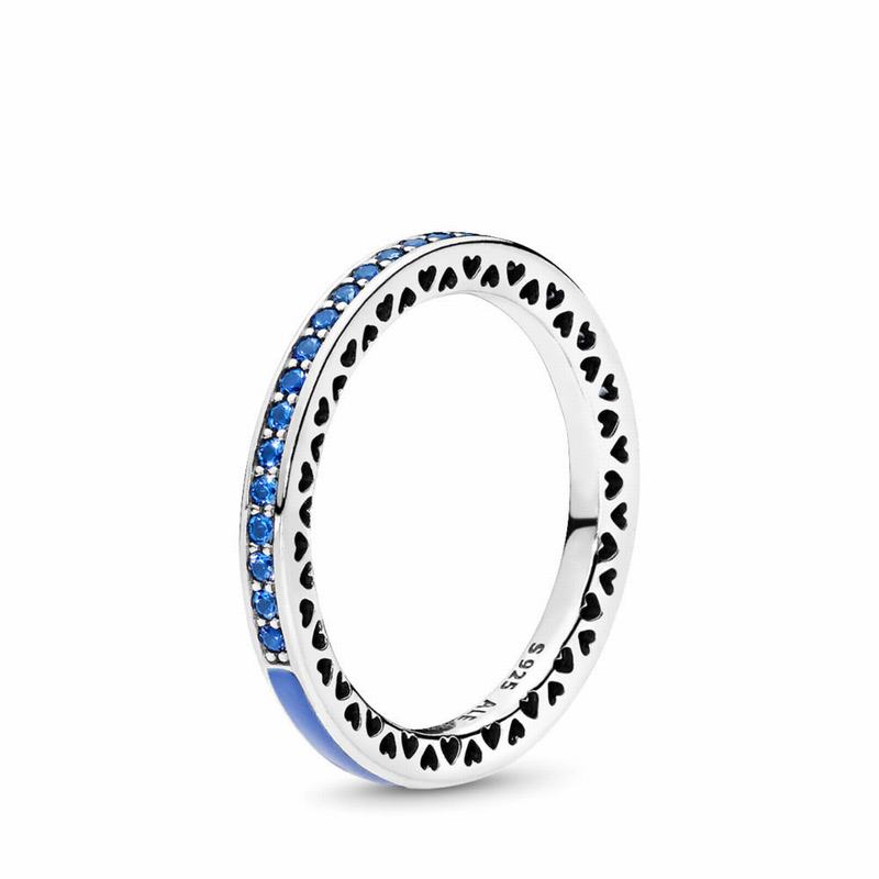 Pandora Radiant Hearts Stackable Ring Ireland - Sterling Silver/Enamel/Blue/Crystal - 780245OPE